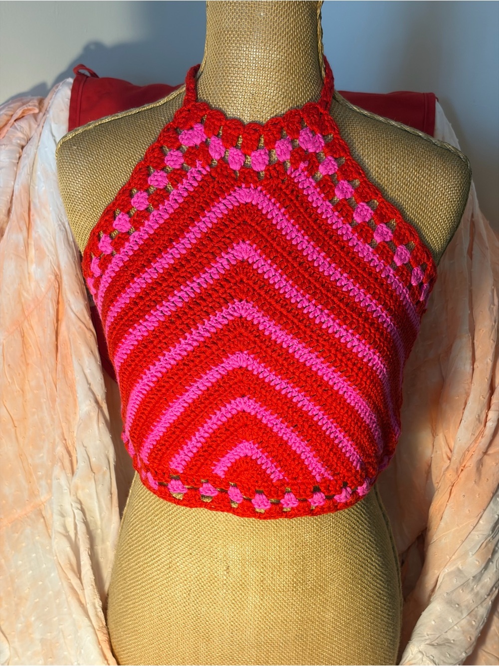 Handmade Red & Hot Pink Crochet Halter Top